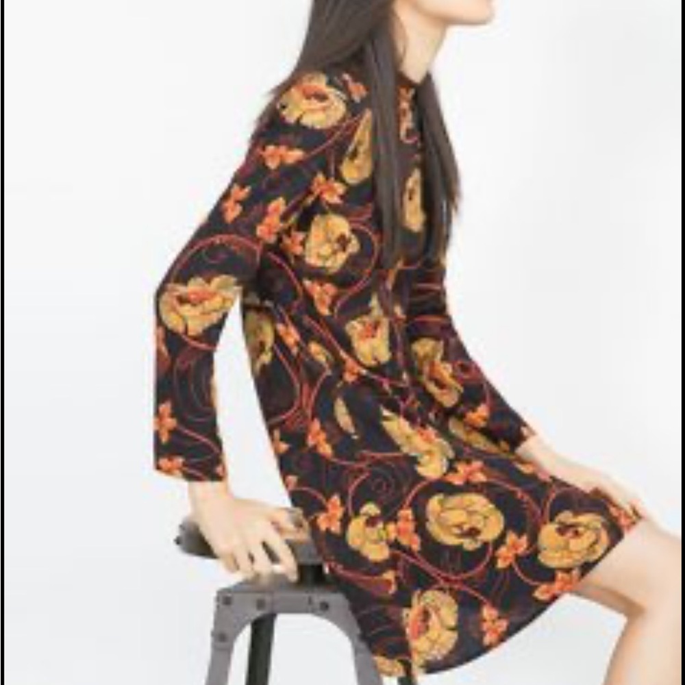 ZARA 70s High Neck Zip Long Sleeve Printed Flounce Tunic Short Stretch Dress - Picture 3 of 8